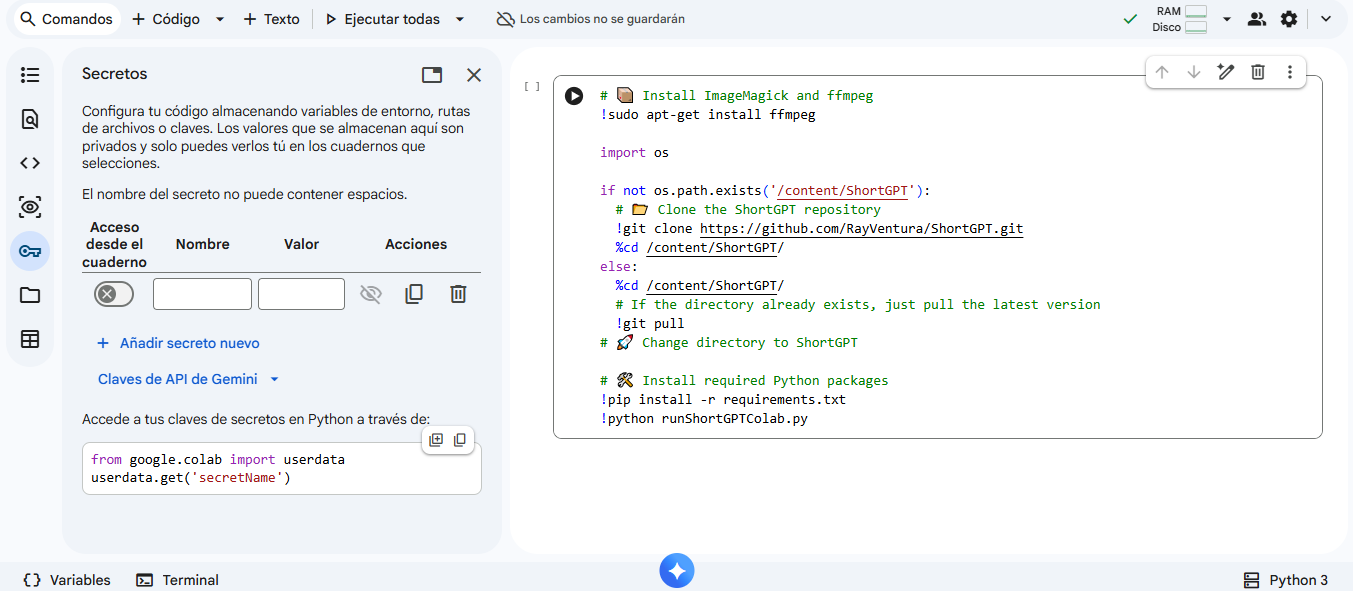 cuaderno de Google Colab de ShortGPT en el navegador, con la celda de instalación (git clone del repo y runShortGPTColab.py) y el panel de Secretos para pegar las claves