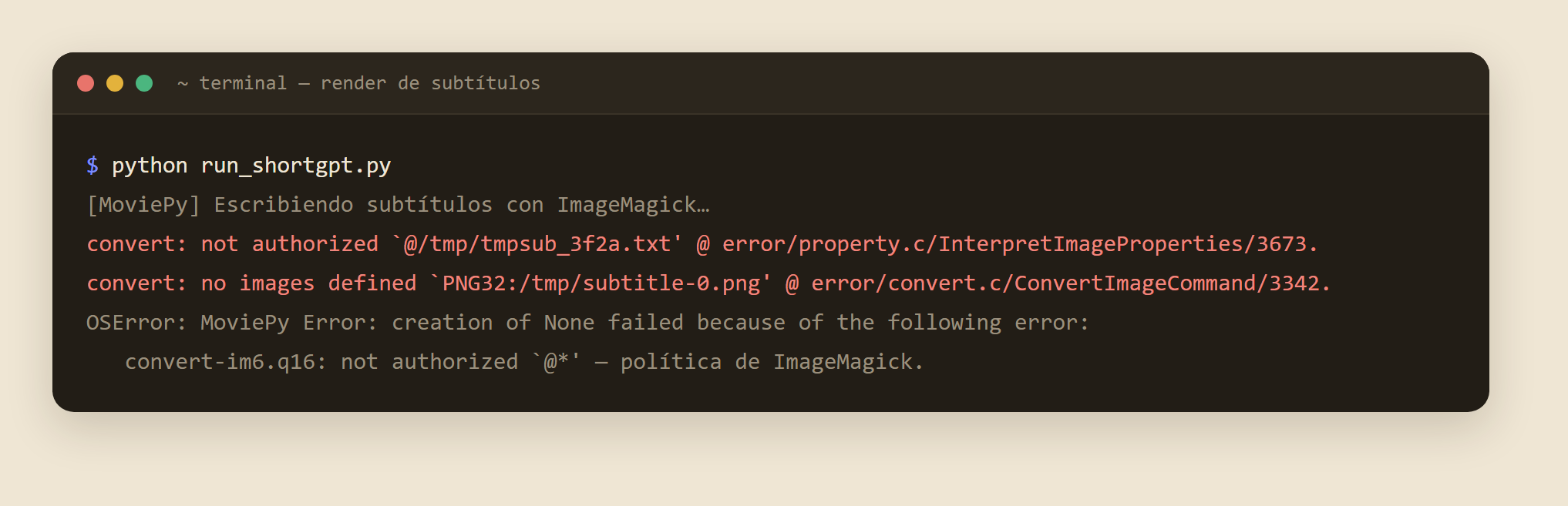 captura del error `convert: not authorized` en la consola al renderizar subtítulos