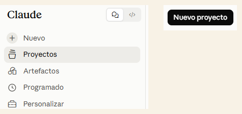 Captura del menu de Proyectos de Claude con el boton Crear proyecto destacado