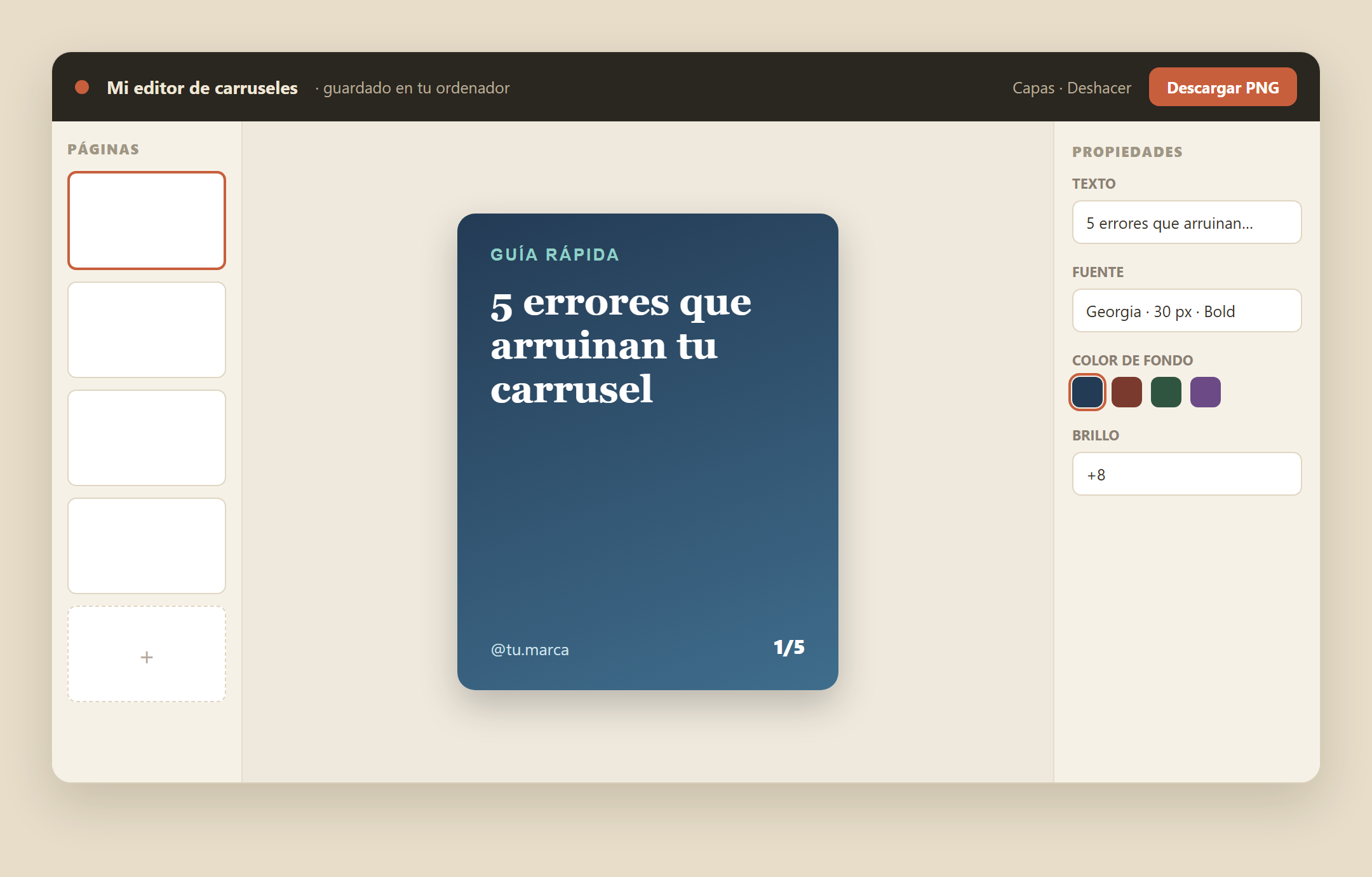 Captura del editor HTML ya construido con un carrusel abierto, panel lateral de paginas y panel de propiedades a la derecha