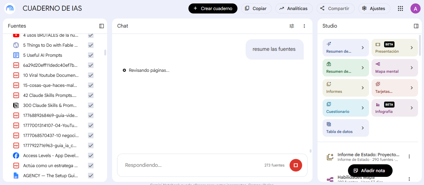 Captura de la interfaz de NotebookLM con el cuaderno del Filtro de Innovación y las URLs cargadas