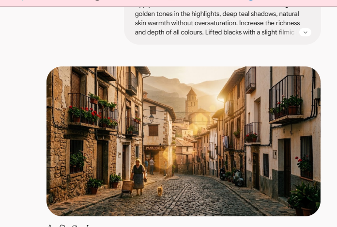 captura del paso 3 mostrando el prompt de color cinematográfico y un ejemplo con tonos cálidos y sombras teal