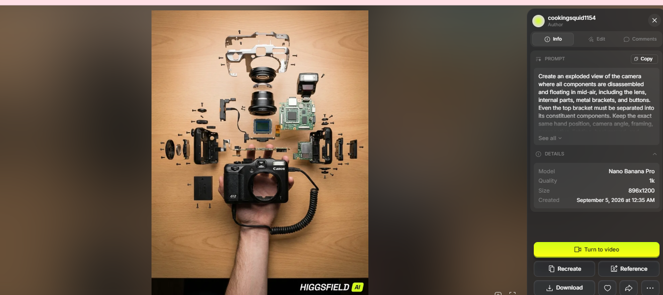 captura del panel de NanoBanana Pro con el prompt de camara pegado