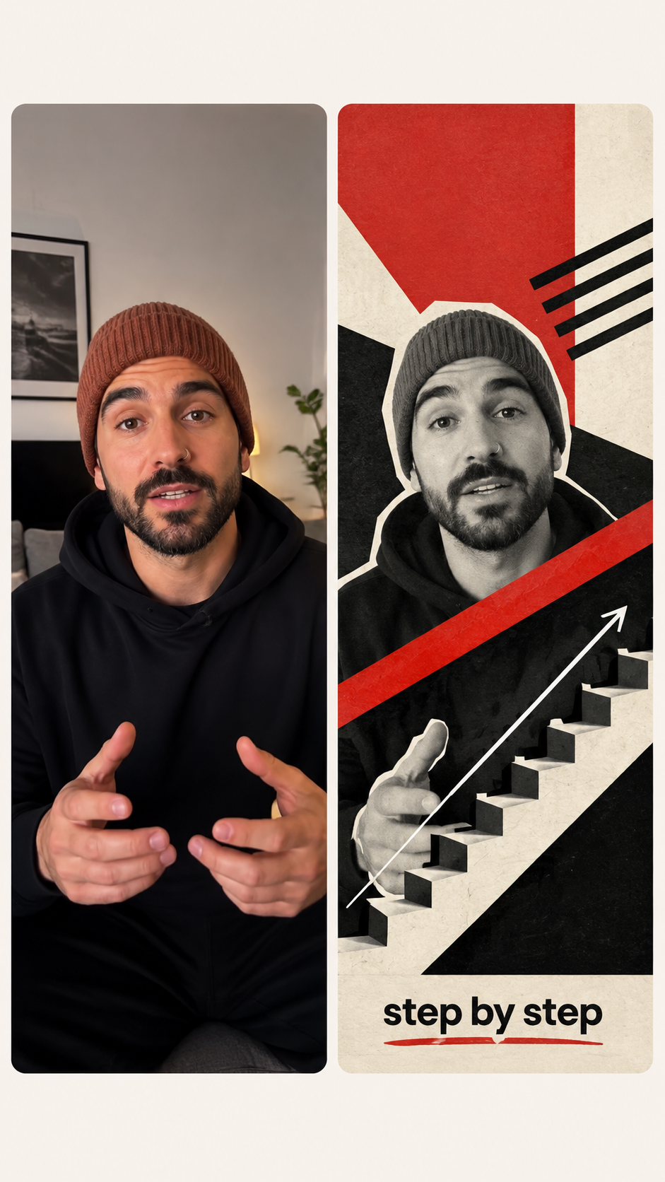 Comparativa Antes y Después con dos fotogramas, clip casero frente a render estilo cut-paper con subtítulos al beat