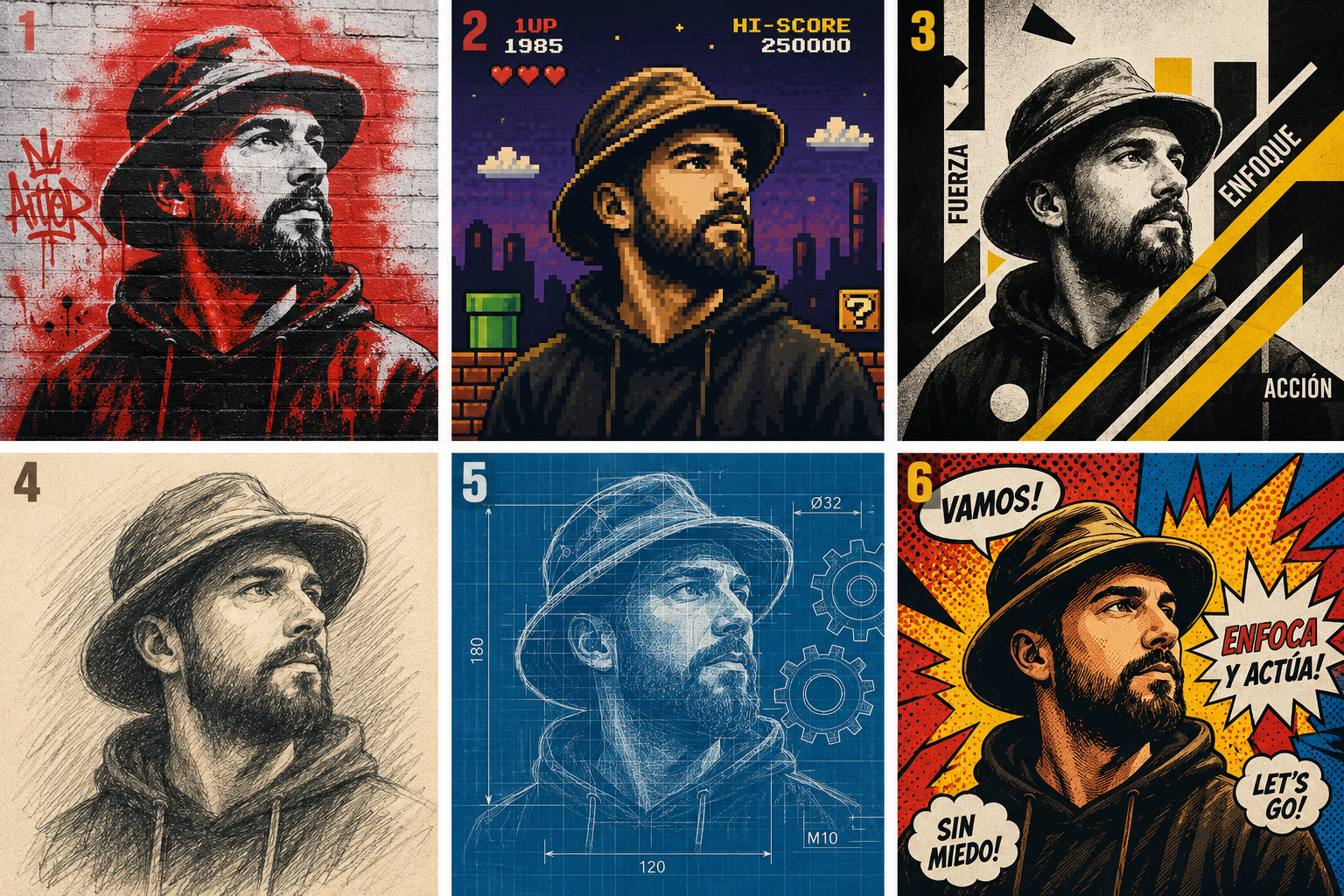 Galería de seis estilos visuales (graffiti, 8-bit, constructivista, lápiz, blueprint, comic pop) sobre miniaturas del mismo rostro