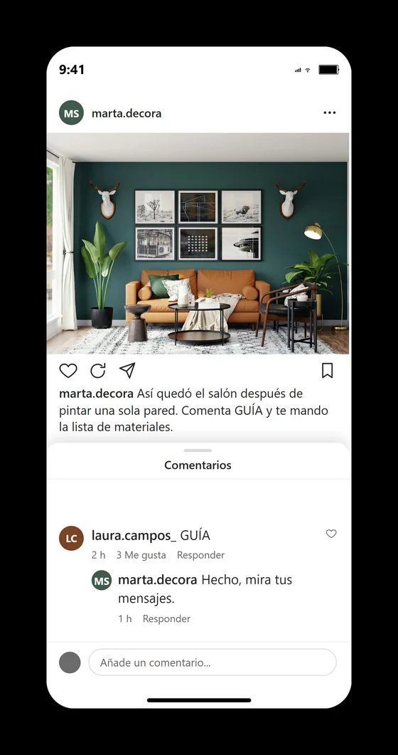 Comentario público con la palabra clave GUIA en una publicación de Instagram y la respuesta de marta.decora avisando de que ya ha mandado el recurso por mensaje directo.