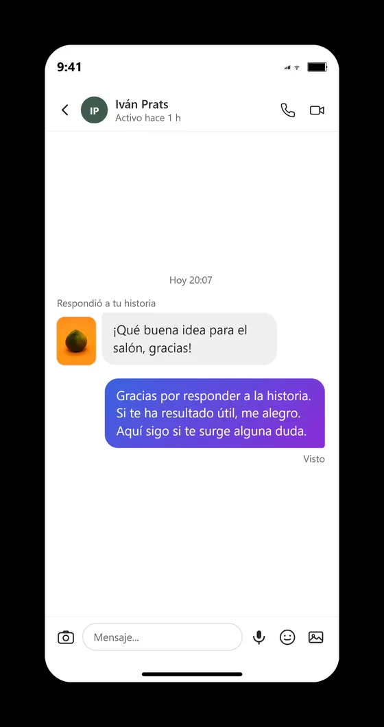 Respuesta a una historia de Instagram compartida por un seguidor y contestación automática del kit agradeciendo el comentario.